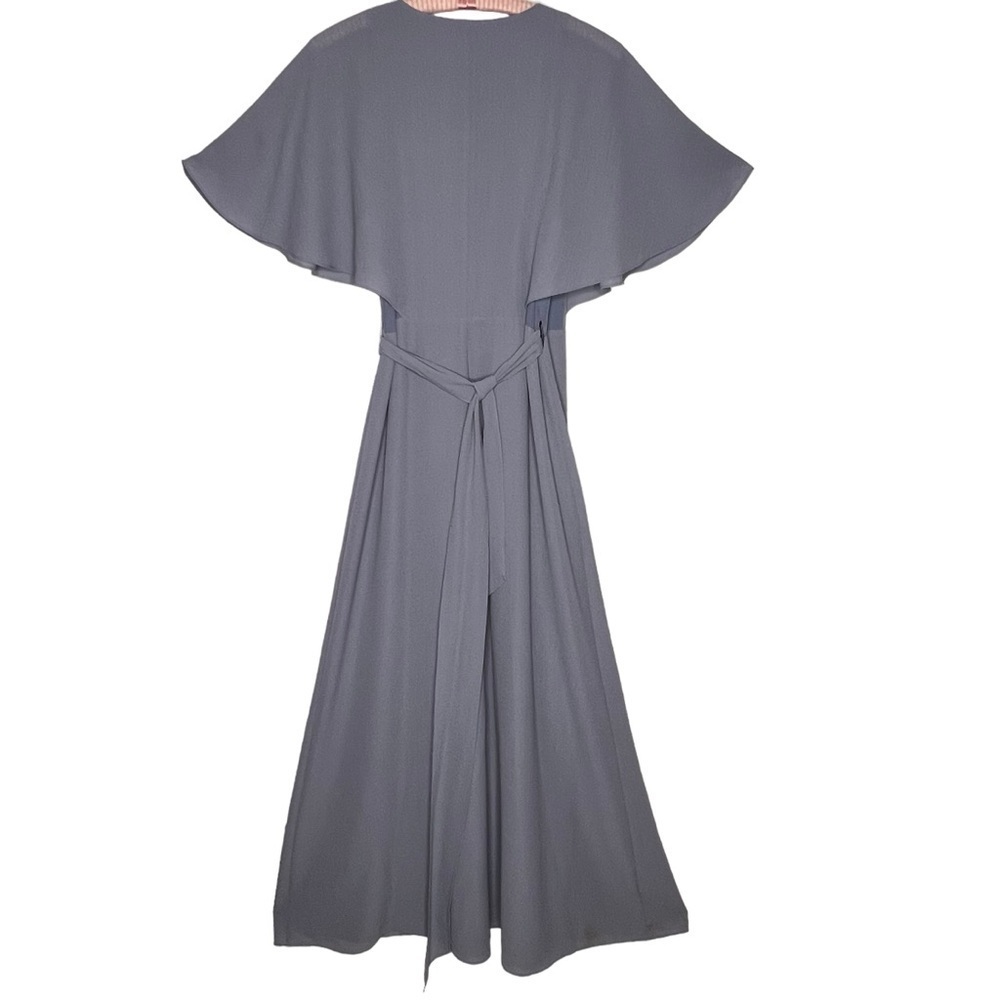 Halston Dusty Blue V Neck Ruffle Split Maxi Wrap Dress Gown Size L Short Sleeve - Picture 4 of 13